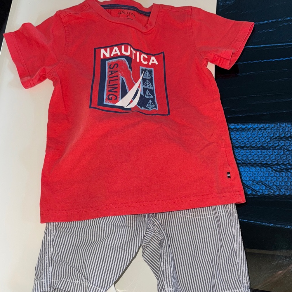 Nautica Red Graphic Tee with Striped Shorts